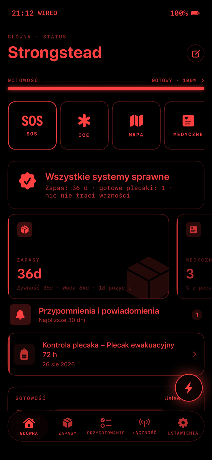 Strongstead — czerwony interfejs na czarnym tle